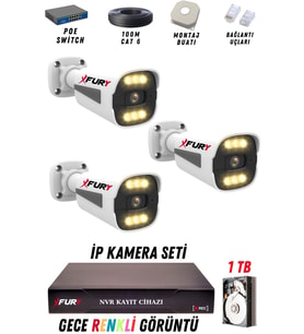 FURY 3 Kameralı Ip Güvenlik Kamerası Seti 4mp Gece Renkli Su Geçirmez 1506 1TB