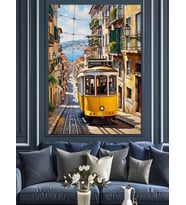 Sarı Tramvay Şehir Sokağı Dekoratif Kanvas - Mdf Ahşap Tablo