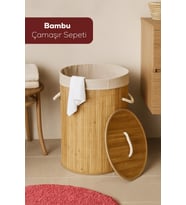 Porsima Pbt-052 Kapaklı Kirli Çamaşır Sepeti Yuvarlak - Bambu Kirli Çamaşır Sepeti Bambu