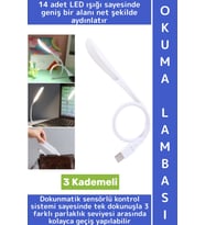 Premium Dayanıklı Esnek Kitap Bilgisayar Başı Kompakt 14 Led 3 Kademeli USB Dokunmatik Okuma Lambası