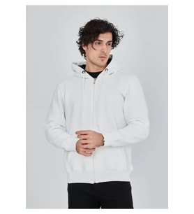 Unisex Tam Fermuarlı Kapşonlu SweatShirt - Beyaz