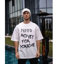 Unisex Bisiklet Yaka Baskılı Oversize T-Shirt - Beyaz