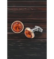 Gümüş Sentetik Kehribar Taşlı Kol Düğmesi