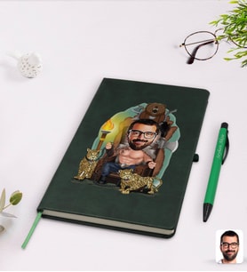BK Gift Kişiye Özel Viking Karikatürlü Yeşil Termo Deri Defter Kalem Seti Model 1