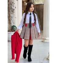 Kız Çocuk Blazer Ceket, Kravat Çizgili Kırmızı Etekli Takım