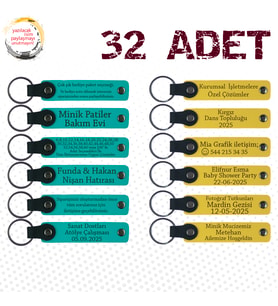 Koyu Turkuaz & Sarı, 32’li Set, İsim Ve Tarihli Deri Hediyelik, Kaligrafi Atölyesi Mezunlarına Anı