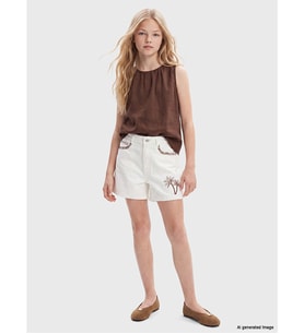 LCW Kids Ekru Nakışlı Kız Çocuk Jean Şort