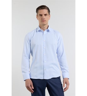 Mavi - Beyaz Kendinden Desenli Sert Yaka Uzun Kol Cepsiz Slim Fit Pamuklu Gömlek 1004255214