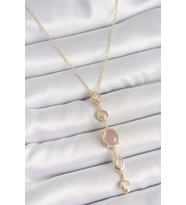 316L Çelik Gold Renk Zincir Zirkon Taşlı Pembe Mineli Y Model Dekolta Kadın Kolye