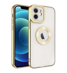 Coverzone Apple iPhone 14 ile uyumlu K?l?f Kamera Korumal? Logo G�steren Parlak renk kenar �izgileri ile ??k bir tasar?m Colored Z-Omega Kapak Gold