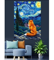 Van Gogh Tarzı Yıldızlı Gece Tilki Dekoratif Kanvas - Mdf Ahşap Tablo