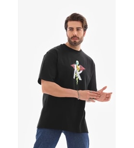 pilelistore- Unisex Bisiklet Yaka Baskılı Oversize T-Shirt - Siyah