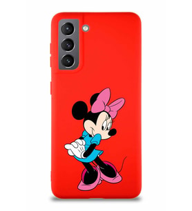 Samsung Galaxy S21 Soft Premier Kapak Minnie Mouse-F Tasarımlı Silikon Kılıf - Kırmızı (Şeffaf)