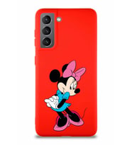 Samsung Galaxy S21 Soft Premier Kapak Minnie Mouse-F Tasarımlı Silikon Kılıf - Kırmızı (Şeffaf)