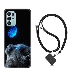 Oppo Reno 6 Kılıf Resimli Boyun Askılı İpli Desenli Silikon Series Butterfly Cat 1891
