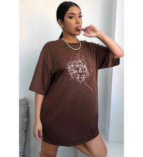 Unisex Woman one line Baskılı T-shirt (Kahverengi)