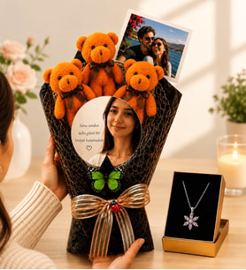 Kişiye Özel Fotoğraflı Aynalı Turuncu Ayıcık Buketi ve Ametist Lotus Kolye Kadına Hediye