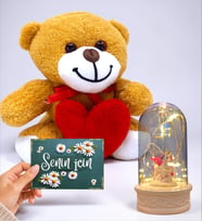 Kalpli Sevimli Peluş Ayıcık, Senin İçin Kartı ve Led Işıklı Fanus Seti (Model 2)