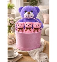 Sepet İçinde Ayıcık Buketi Mor Peluş Ayıcık + Mini Ayıcıklar Sevgiliye Farklı Hediye
