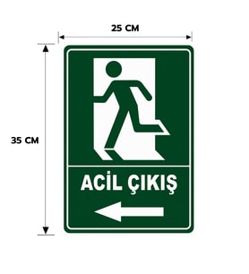 Sol Yöne Acil Çıkış Levhası, 25x35, 20x30 (A4), 30x42 (A3) Cm Boyut Seçenekleriyle Dekota Kişiselleştiirlebilir Levha + Yapışkan Bant