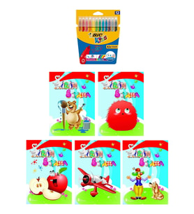 3-6 Yaş Şirin Boyama Kitapları 5 li +Bic Kids 12 li Keçeli Boya (Beyaz)