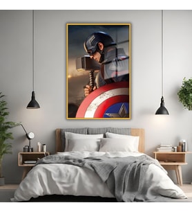 Metal Çerçeveli Cam Tablo Film Karakteri Yan Açı Kaptan Amerika (Gold)