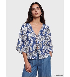 LCW Vision Mavi V Yaka Desenli Bağlamalı Kadın Kimono