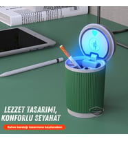 Kahve Bardağı Görünümlü Işıklı Kokusuz Oto Küllük Sızdırmaz Kapaklı Araç Araba Küllüğü Yeşil Beyaz