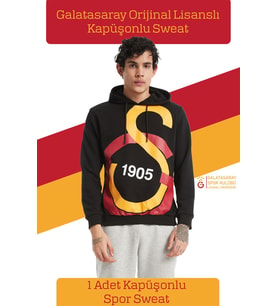 Galatasaray Orijinal Lisanslı Büyük Logo Kapüşonlu Siyah Erkek Sweat