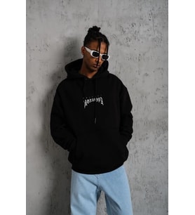Erkek Baskılı Kapüşonlu ve Kanguru Cepli Sweatshirt hoodie- Siyah