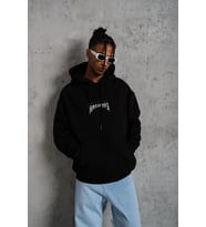 Erkek Baskılı Kapüşonlu ve Kanguru Cepli Sweatshirt hoodie- Siyah