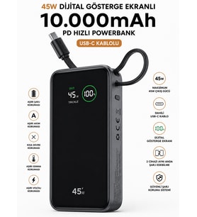 10000mAh Powerbank PD 45W Hızlı Şarj Dijital Ekranlı Dahili Type-C Kablolu Taşınabilir Şarj Cihazı