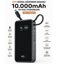 10000mAh Powerbank PD 45W Hızlı Şarj Dijital Ekranlı Dahili Type-C Kablolu Taşınabilir Şarj Cihazı