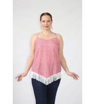 3280 Etnik Desenli Eteği Saçaklı İnce Askılı Yazlık Bluz (Pembe)