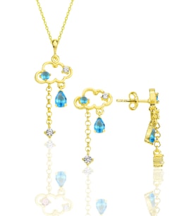 Gümüş altın yaldızlı akuamarin ve zirkon taşlı bulut kolye ve küpe ikili set SGTL12352GOLD (Rose)