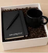 Kişiye özel isimli defter kalem bardak hediye seti (Y.Siyah)