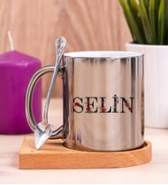 Kişiye Özel Çiçek Harf Tasarım İsim Yazılı Ahşap Altlıklı Silver Kupa Bardak