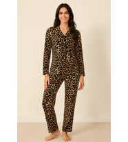 Kadın 6443 Süet Düğmeli Uzun Kol Pijama Takımı LEOPAR