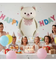 56,5x90 cm Papyonlu Ayıcık Krem Folyo Balon - Doğum Günü Parti Dekorasyon Balonu