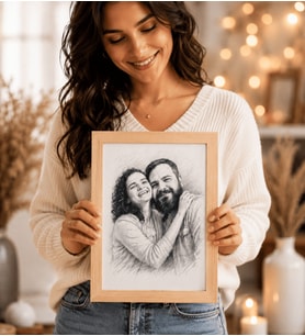 Kişiye Özel Karakalem Fotoğraflı Doğal Ahşap Çerçeve Hediyesi 17,5x23,5 cm