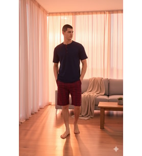 Yeni Sezon Erkek Bisiklet Yaka Lüx Tasarım Şortlu Pijama Takımı (Lacivert)