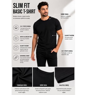 Basic Erkek Siyah Tişört %100 Pamuk Slim Fit Bisiklet Yaka – Rahat & Şık