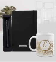 Kişiye Özel Siyah Defter & Siyah Mat Roller Kalem & Petek Harf Kupa Hediye Seti