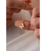 925 Ayar Gümüş Gold Zirkon Taşlı Minik Kelebek Kolye