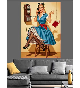 Mavi Elbiseli Vintage Kadın Telefonda Dekoratif Kanvas - Mdf Ahşap Tablo