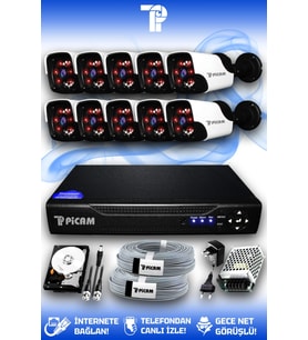 PICAM 10 Kameralı Panda 10 Dış Kamera Set 500 GB HDD Full HD Gece Görüşlü Güvenlik Kamerası Sistemi