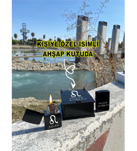 Kişiye Özel Isimli Burç Logo Özel Tasarım Siyah Benzinli Çakmak & Özel Ahşap Kutusunda