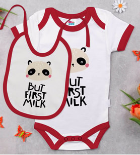 BK Kids But First Milk Tasarımlı Kırmızı Bebek Body Zıbın ve Mama Önlüğü Hediye Seti-1