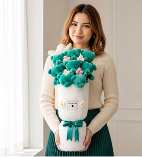 Premium Yeşil Peluş Ayıcık Kalp Yastıklı Peluş Vazo Tasarımlı Ayıcık Buketi