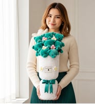 Premium Yeşil Peluş Ayıcık Kalp Yastıklı Peluş Vazo Tasarımlı Ayıcık Buketi